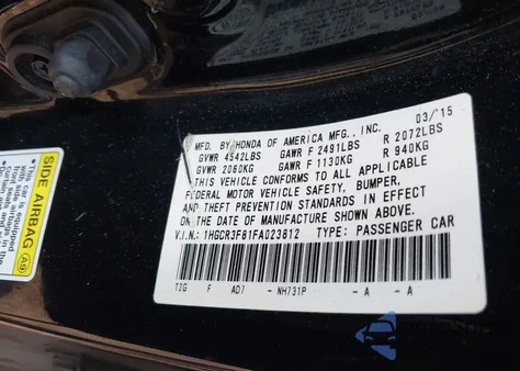 2015 Honda Accord Ex-L V-6 z USA, uszkodzony, nr VIN 1HGCR3F81FA023812